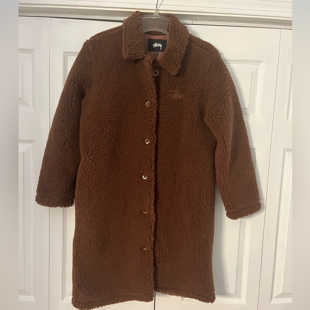 Brown Stussy Kuna Sherpa Car Coat size xs New With Tags